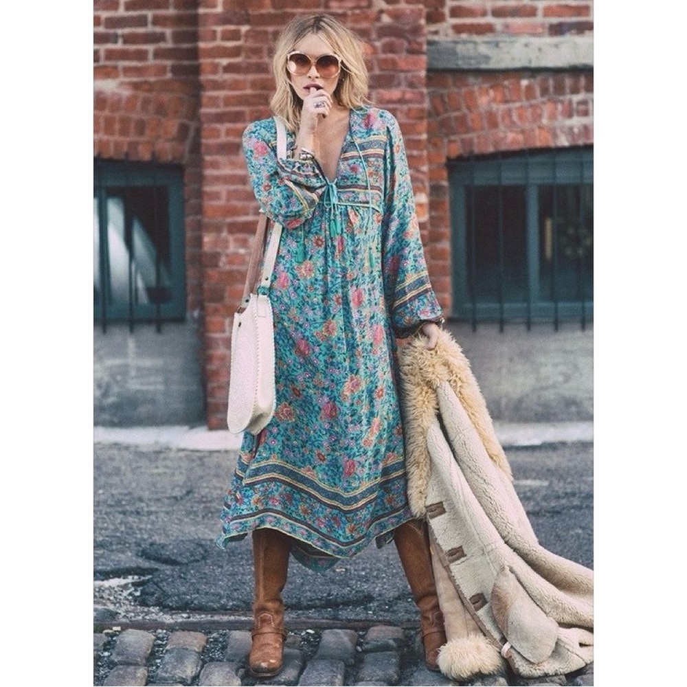 Spell & The Gypsy Folk Town Turquoise Boho Midi Dress Large Floral Peasant